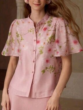 Women's Pink Floral Short-Sleeve Button Front Top